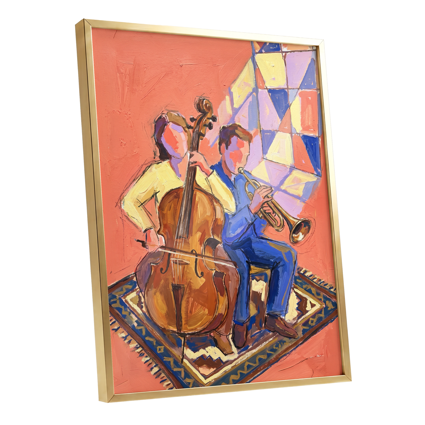Coral Room Duet, orange, blue, brown abstract wall art shown as a gold framed poster wall art print