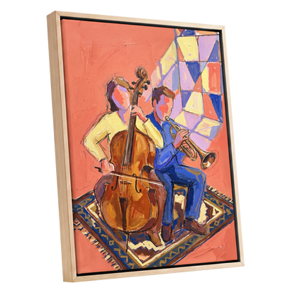 Coral Room Duet, orange, blue, brown abstract wall art shown as a oak framed canvas wall art