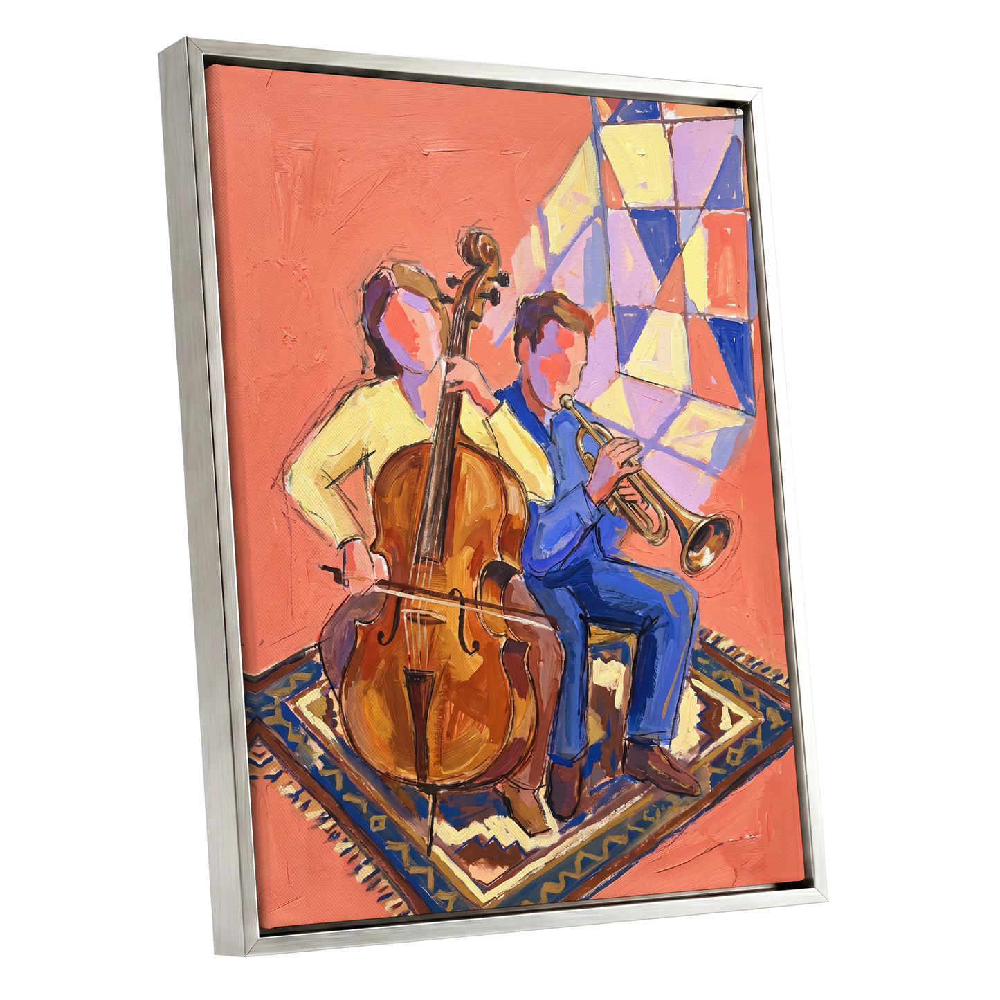Coral Room Duet, orange, blue, brown abstract wall art shown as a silver framed canvas wall art