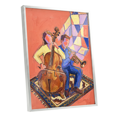 Coral Room Duet, orange, blue, brown abstract wall art shown as a silver framed poster wall art print