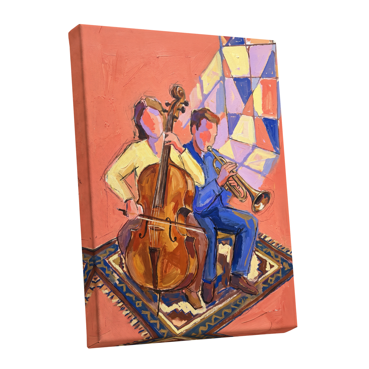 Coral Room Duet, orange, blue, brown abstract wall art shown as a stretched canvas wall art