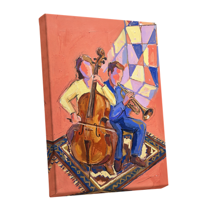 Coral Room Duet, orange, blue, brown abstract wall art shown as a stretched canvas wall art