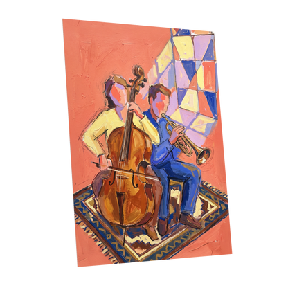 Coral Room Duet, orange, blue, brown abstract wall art shown as a unframed poster wall art print