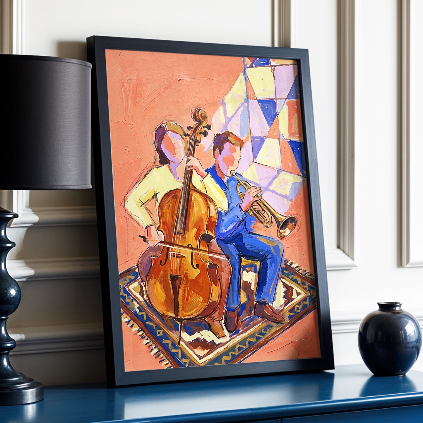 Coral Room Duet, orange, blue, brown abstract wall art displayed in a styled interior, gallery view 2