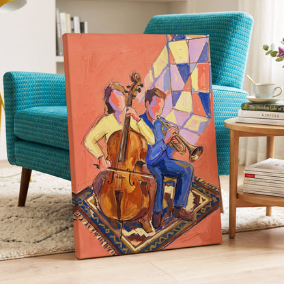 Coral Room Duet, orange, blue, brown abstract wall art displayed in a styled interior, gallery view 3