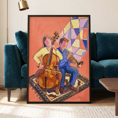 Coral Room Duet, orange, blue, brown abstract wall art displayed in a styled interior, gallery view 6
