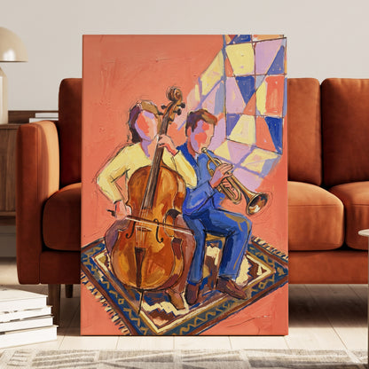 Coral Room Duet, orange, blue, brown abstract wall art displayed in a styled interior, gallery view 7