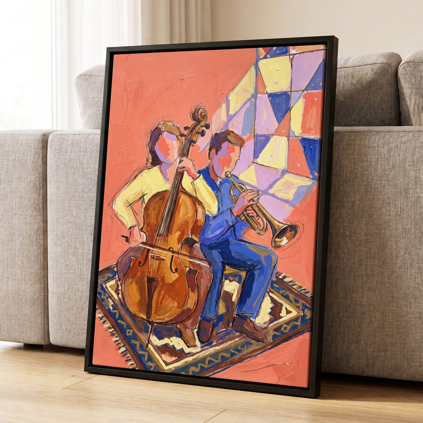 Coral Room Duet, orange, blue, brown abstract wall art displayed in a styled interior, gallery view 8