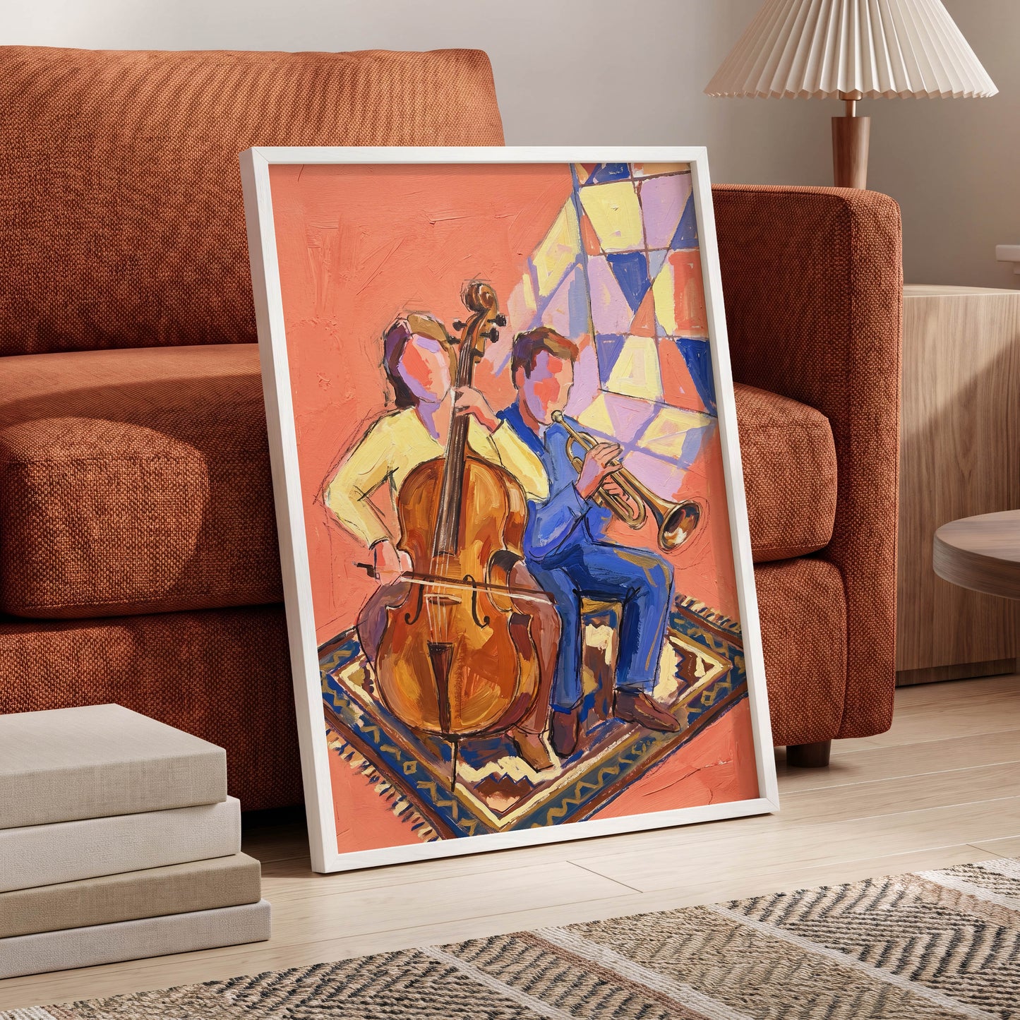 Coral Room Duet, orange, blue, brown abstract wall art displayed in a styled interior, gallery view 9