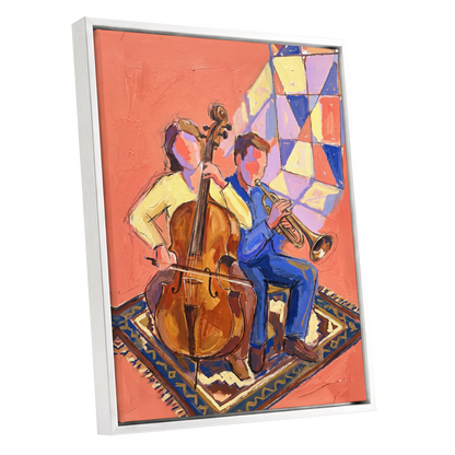 Coral Room Duet, orange, blue, brown abstract wall art shown as a white framed canvas wall art