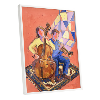 Coral Room Duet, orange, blue, brown abstract wall art shown as a white framed poster wall art print