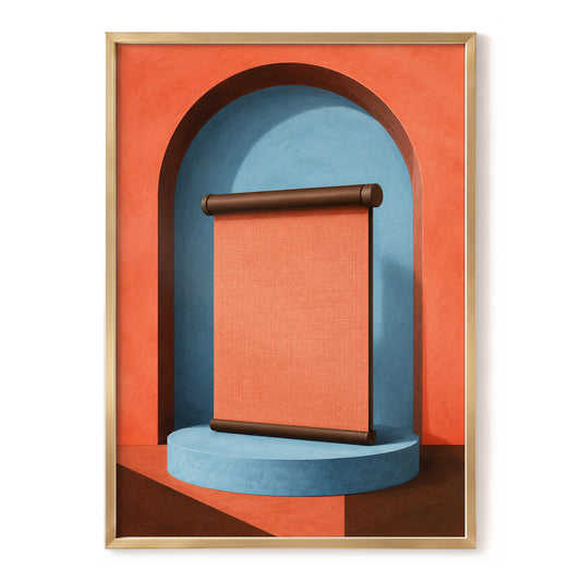 Coral Scroll in Blue, orange, blue, brown minimalist wall art, front artwork view