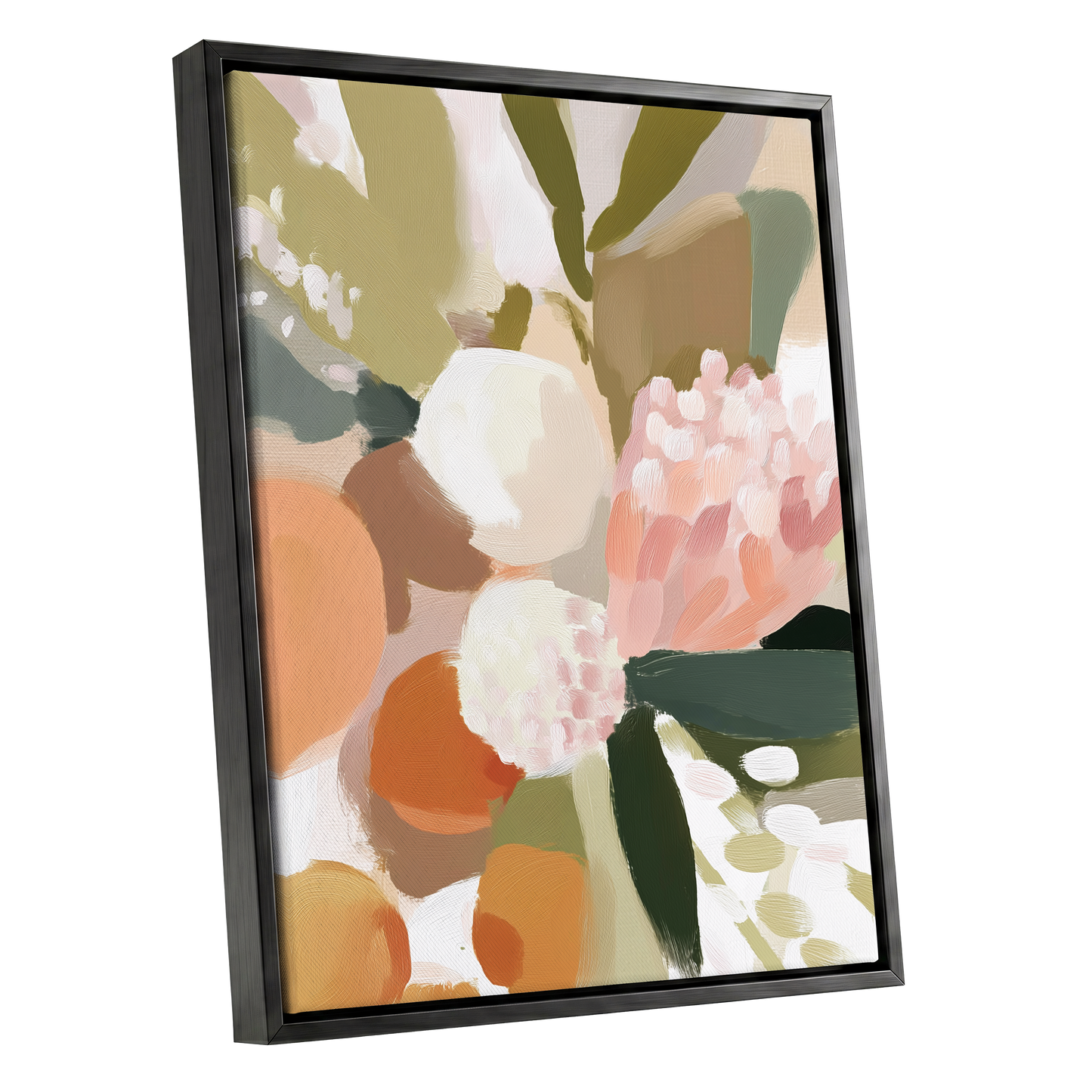 Coral Thicket, green, beige, pink floral wall art shown as a black framed canvas wall art