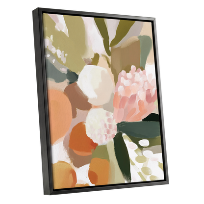 Coral Thicket, green, beige, pink floral wall art shown as a black framed canvas wall art