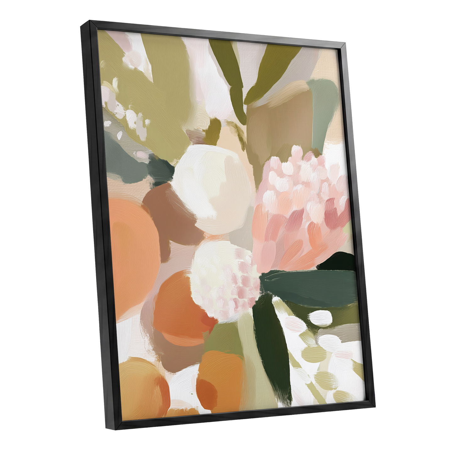 Coral Thicket, green, beige, pink floral wall art shown as a black framed poster wall art print