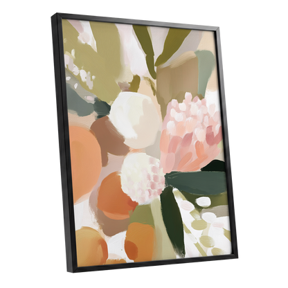 Coral Thicket, green, beige, pink floral wall art shown as a black framed poster wall art print