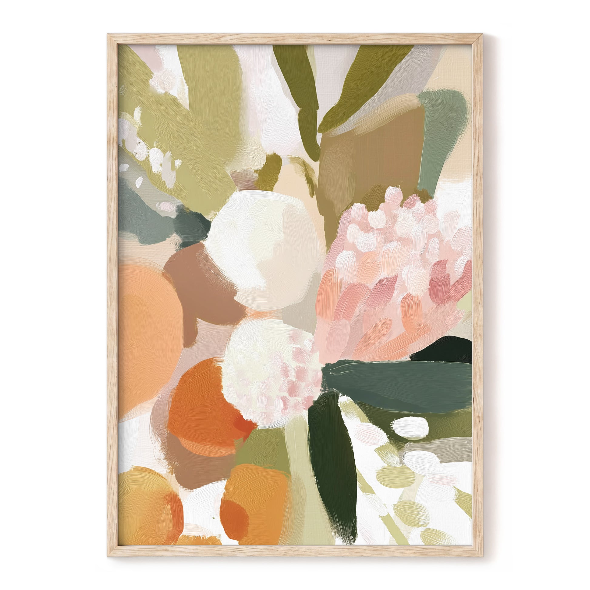 Coral Thicket, green, beige, pink floral wall art, front artwork view