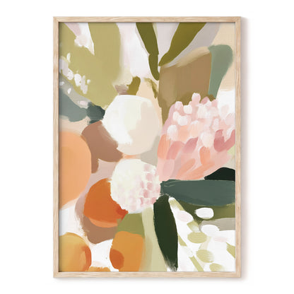 Coral Thicket, green, beige, pink floral wall art, front artwork view