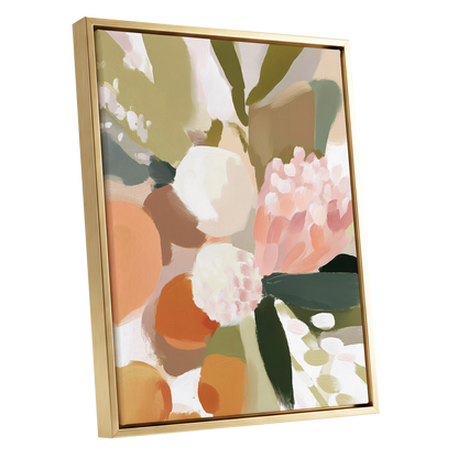 Coral Thicket, green, beige, pink floral wall art shown as a gold framed canvas wall art