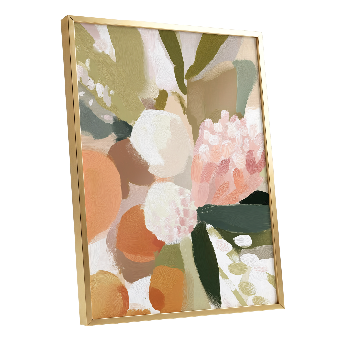 Coral Thicket, green, beige, pink floral wall art shown as a gold framed poster wall art print