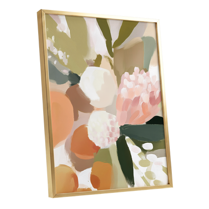 Coral Thicket, green, beige, pink floral wall art shown as a gold framed poster wall art print