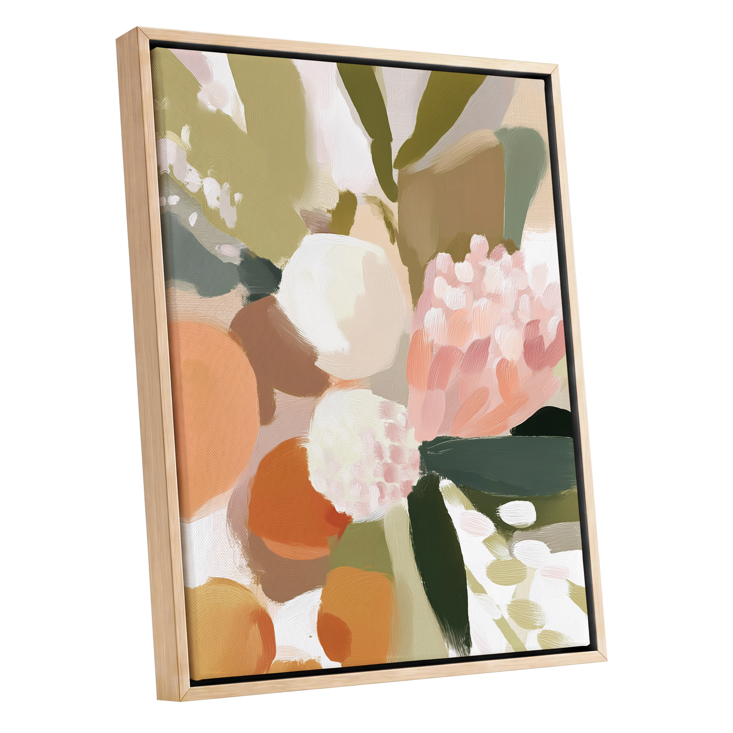 Coral Thicket, green, beige, pink floral wall art shown as a oak framed canvas wall art