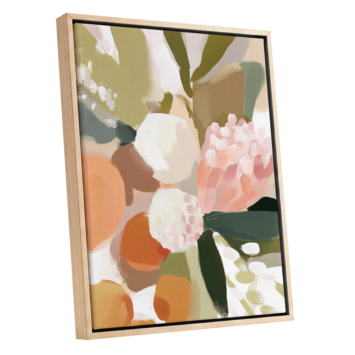 Coral Thicket, green, beige, pink floral wall art shown as a oak framed canvas wall art