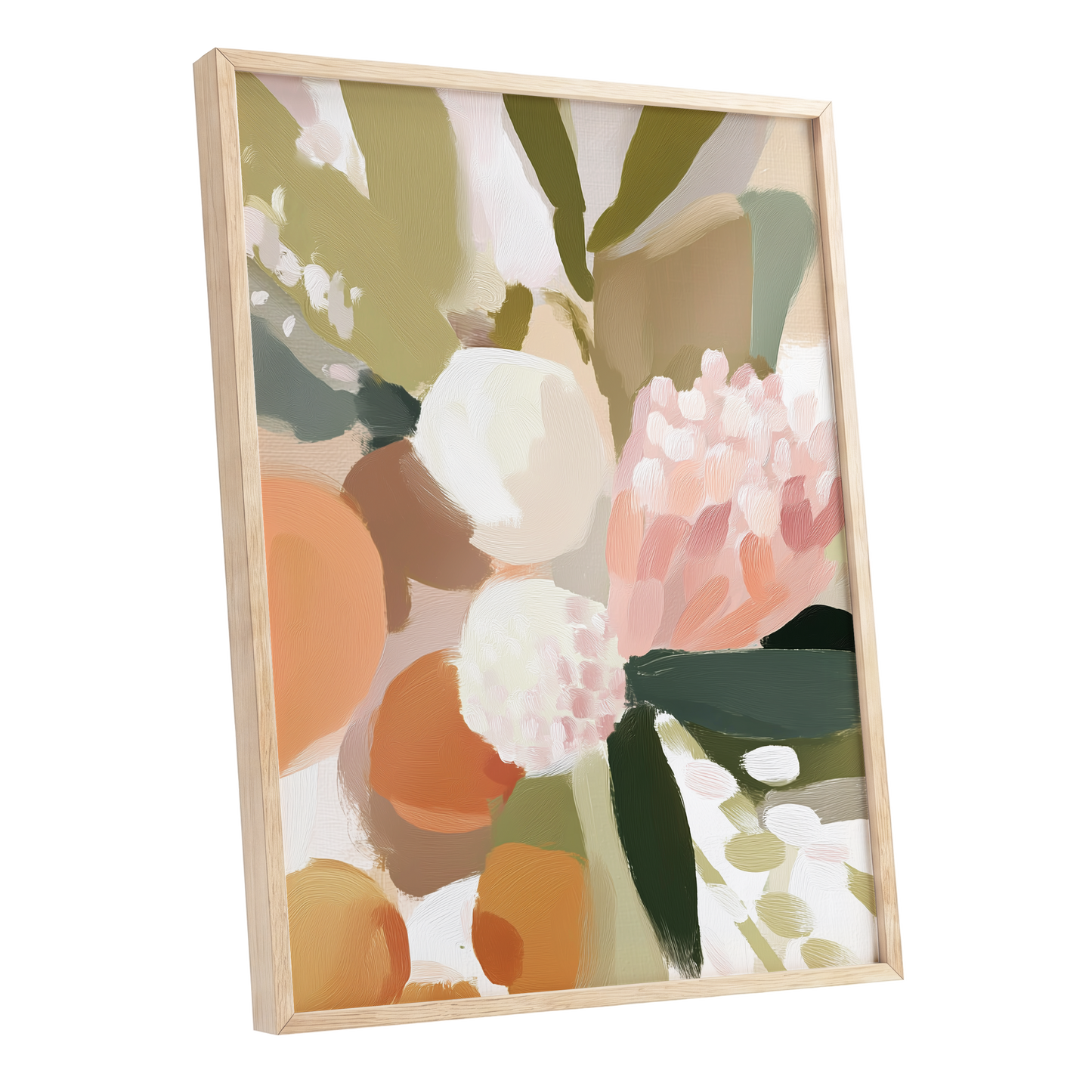 Coral Thicket, green, beige, pink floral wall art shown as a oak framed poster wall art print
