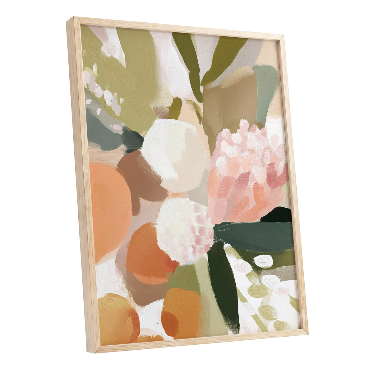 Coral Thicket, green, beige, pink floral wall art shown as a oak framed poster wall art print
