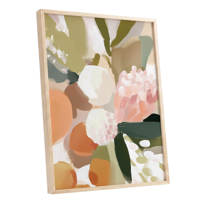 Coral Thicket, green, beige, pink floral wall art shown as a oak framed poster wall art print