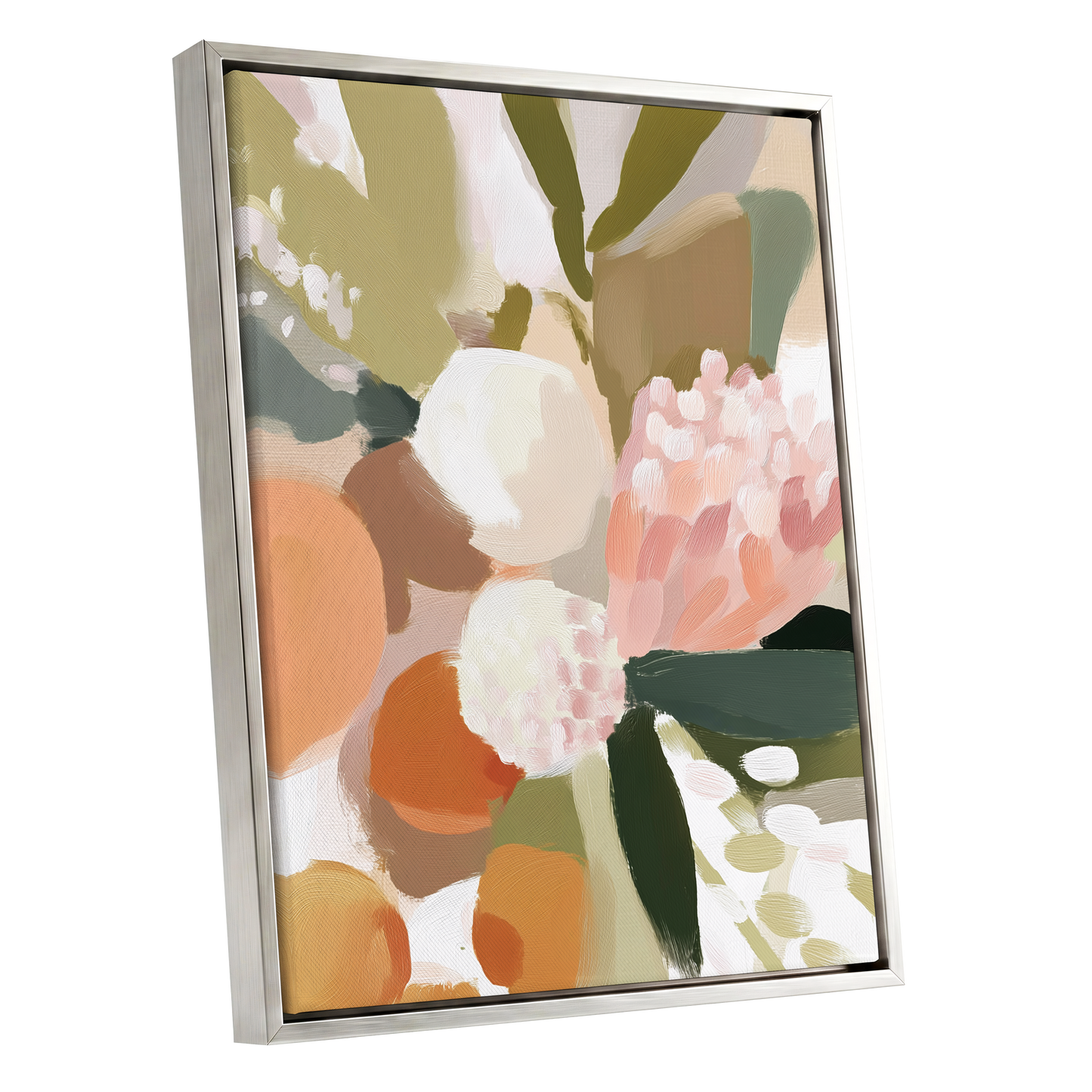 Coral Thicket, green, beige, pink floral wall art shown as a silver framed canvas wall art
