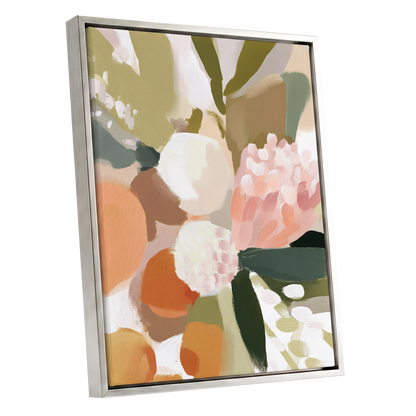 Coral Thicket, green, beige, pink floral wall art shown as a silver framed canvas wall art