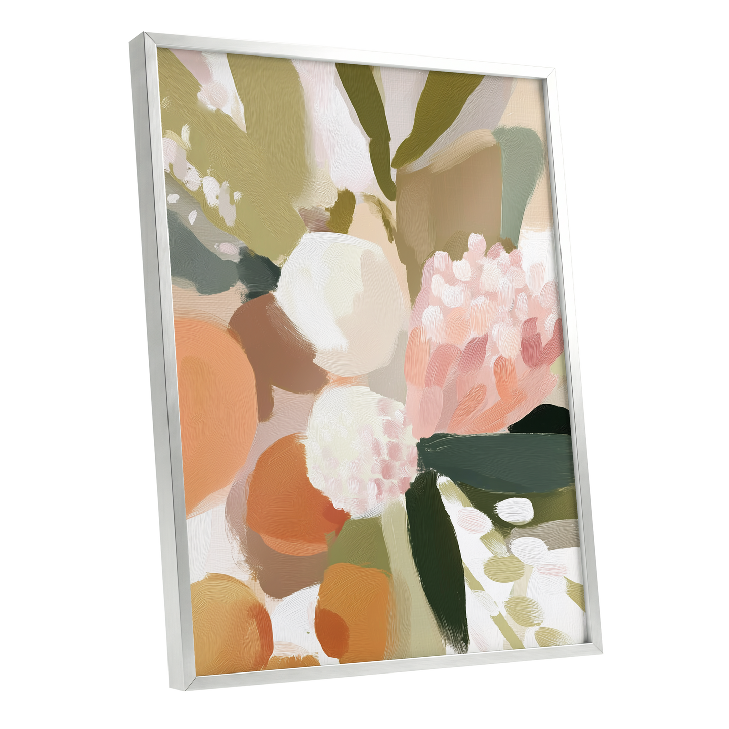 Coral Thicket, green, beige, pink floral wall art shown as a silver framed poster wall art print