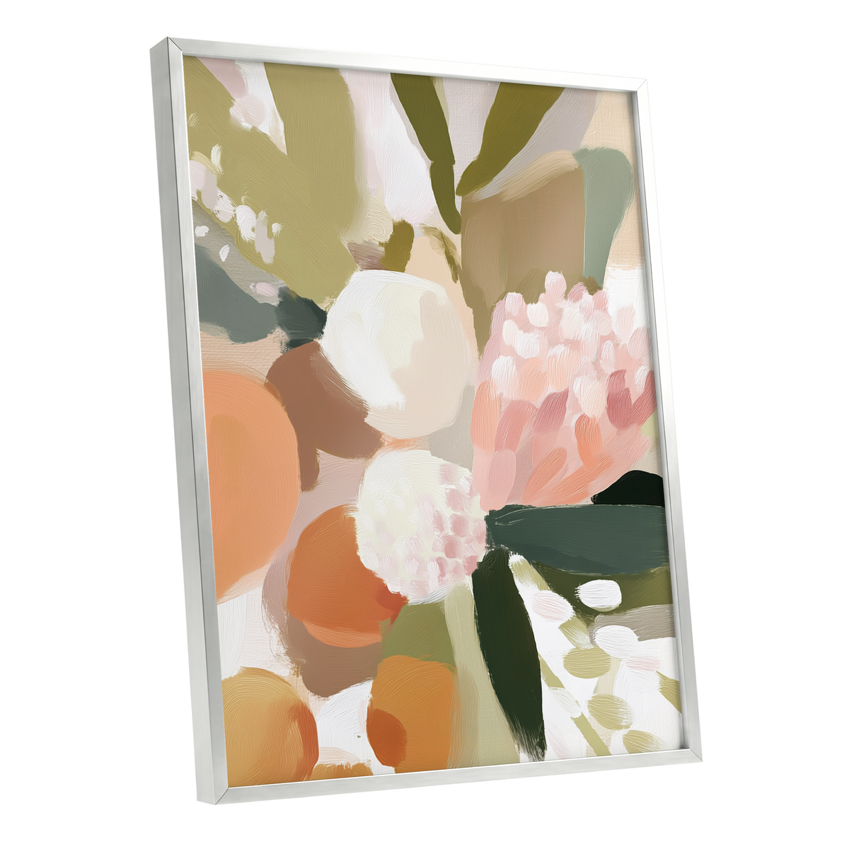 Coral Thicket, green, beige, pink floral wall art shown as a silver framed poster wall art print