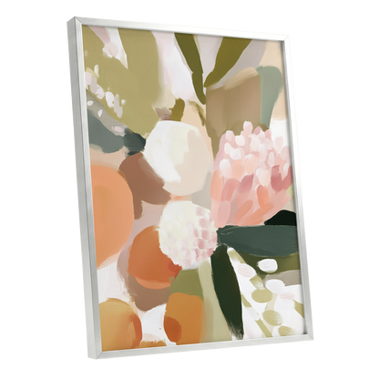 Coral Thicket, green, beige, pink floral wall art shown as a silver framed poster wall art print