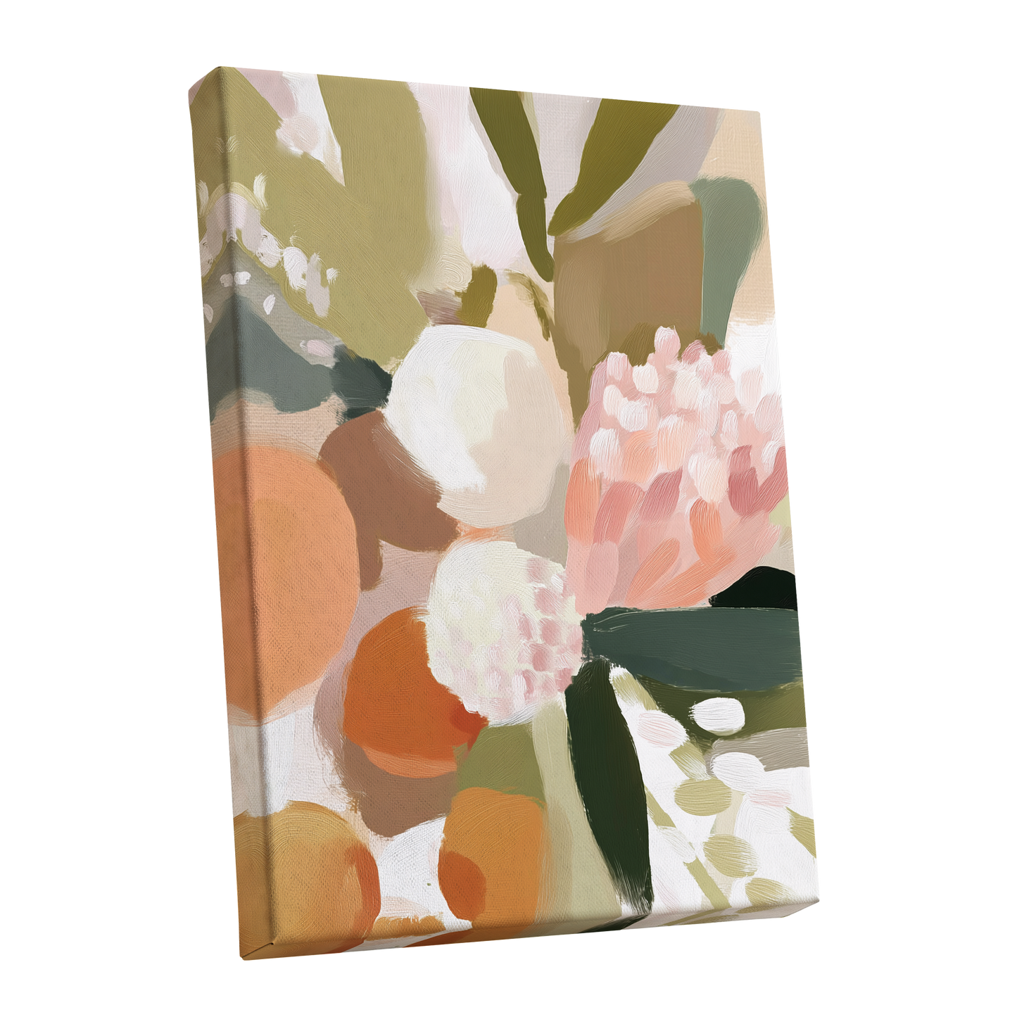Coral Thicket, green, beige, pink floral wall art shown as a stretched canvas wall art