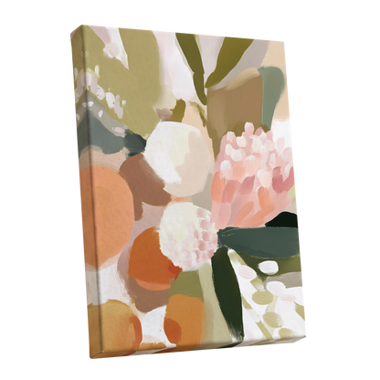 Coral Thicket, green, beige, pink floral wall art shown as a stretched canvas wall art