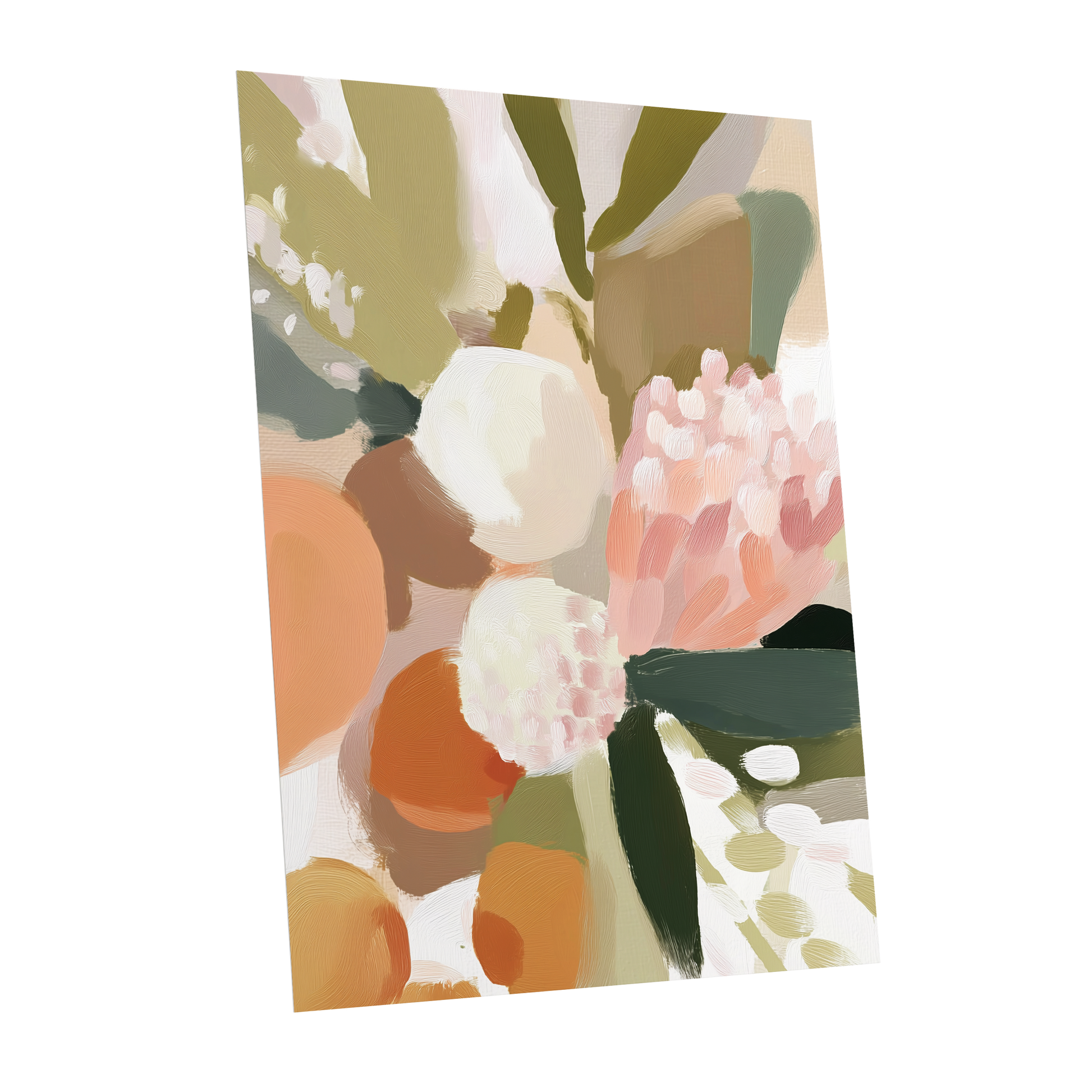Coral Thicket, green, beige, pink floral wall art shown as a unframed poster wall art print