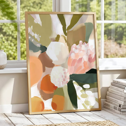 Coral Thicket, green, beige, pink floral wall art displayed in a styled interior, gallery view 2