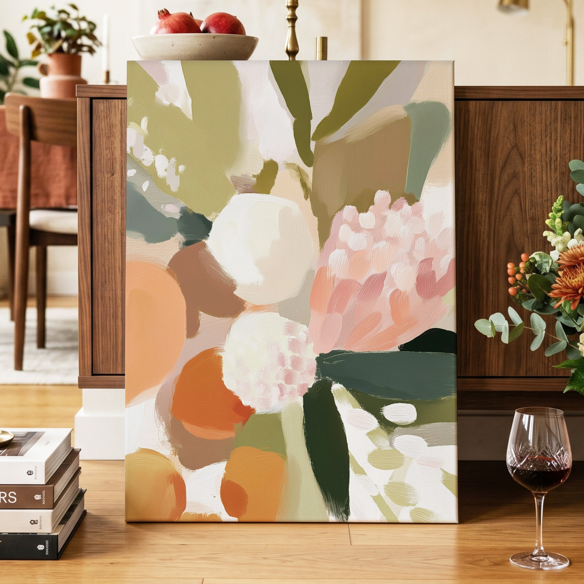 Coral Thicket, green, beige, pink floral wall art displayed in a styled interior, gallery view 3