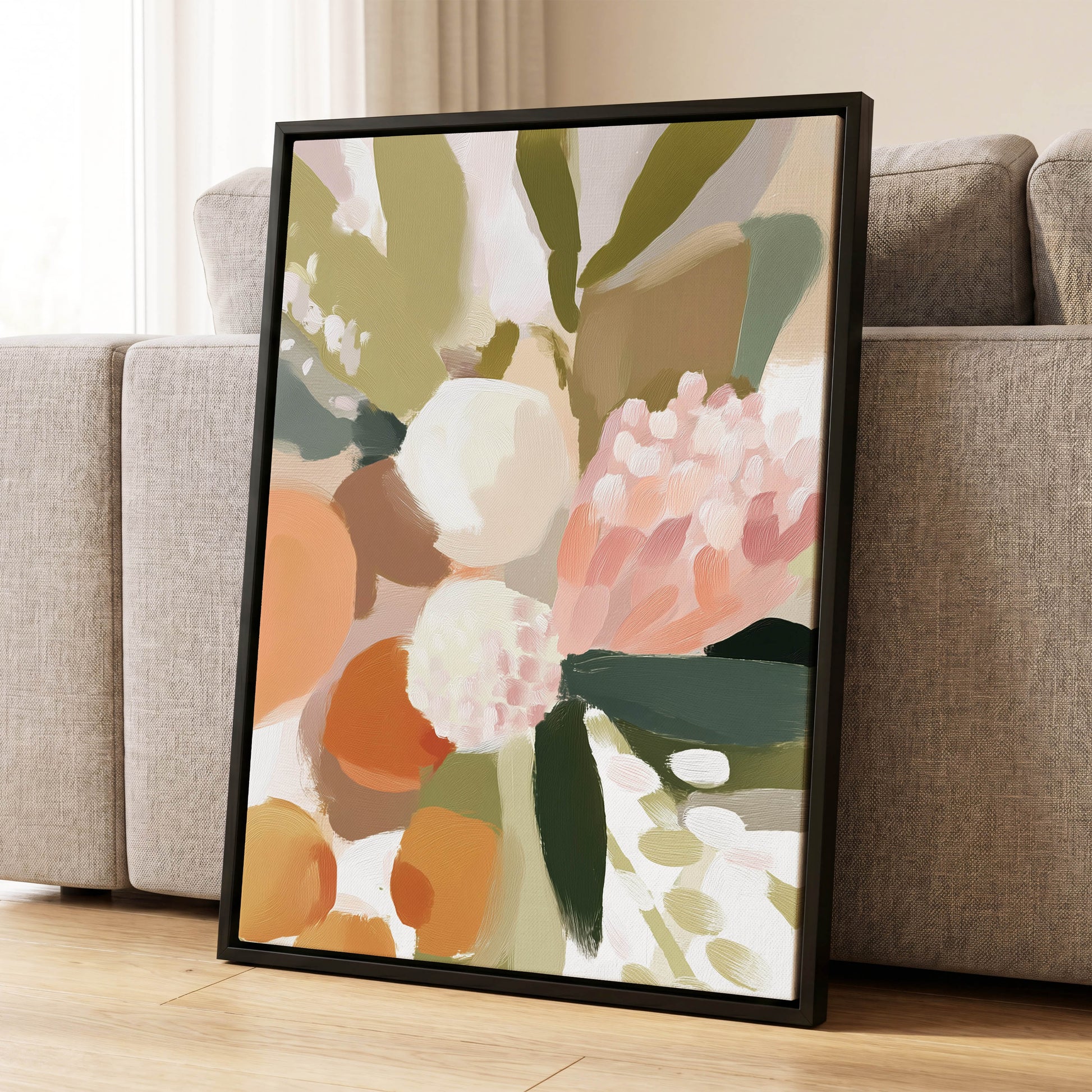 Coral Thicket, green, beige, pink floral wall art displayed in a styled interior, gallery view 4