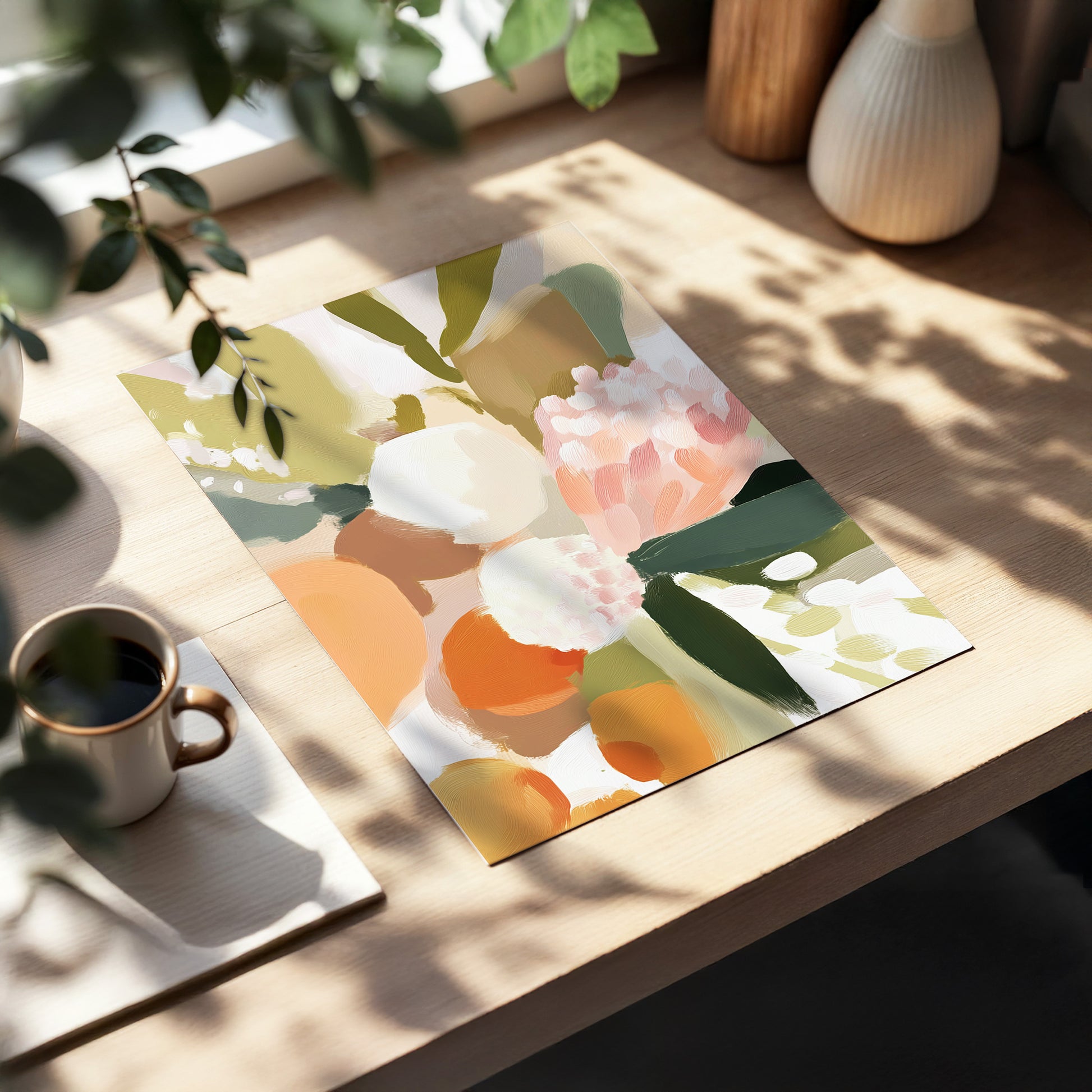Coral Thicket, green, beige, pink floral wall art displayed in a styled interior, gallery view 5
