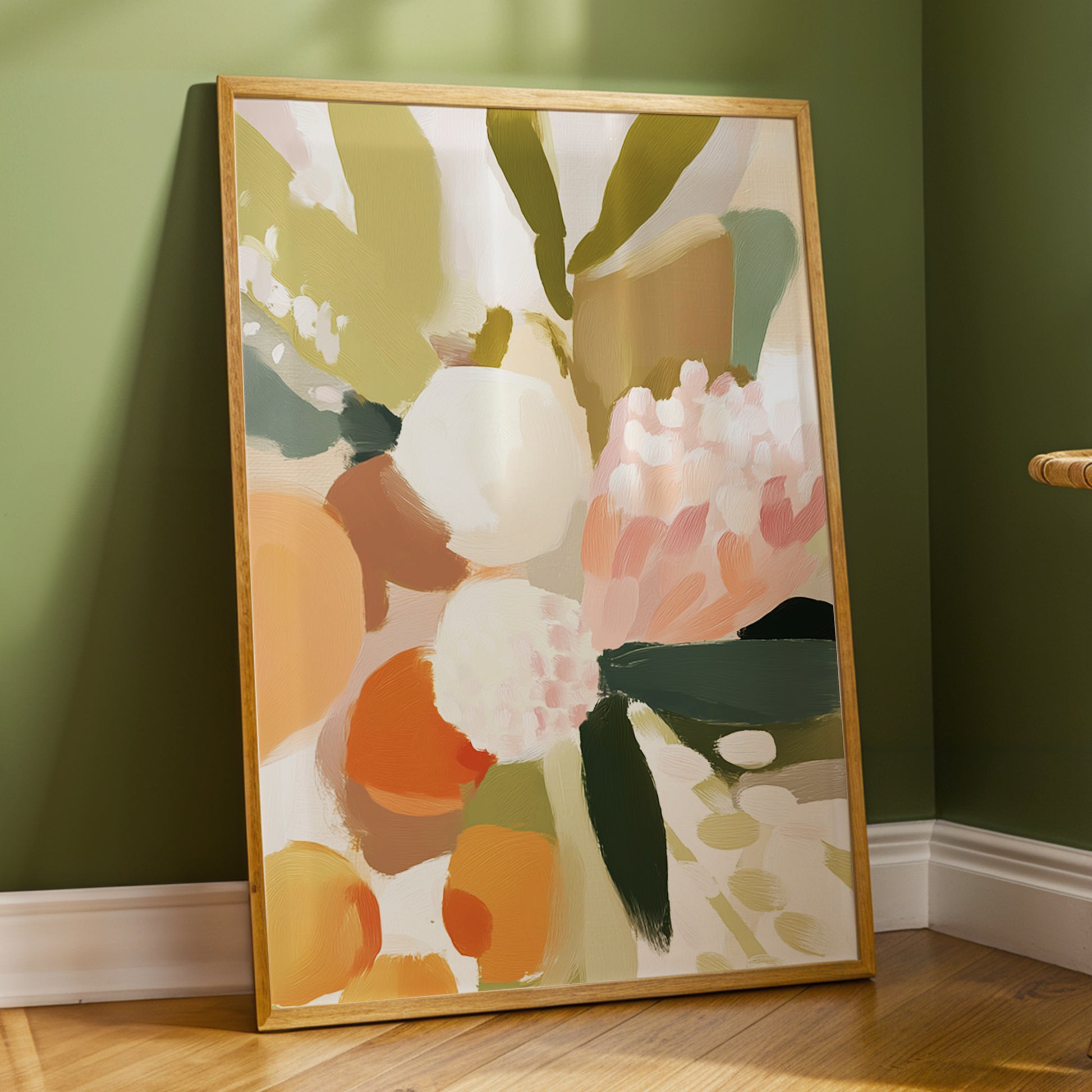Coral Thicket, green, beige, pink floral wall art displayed in a styled interior, gallery view 6