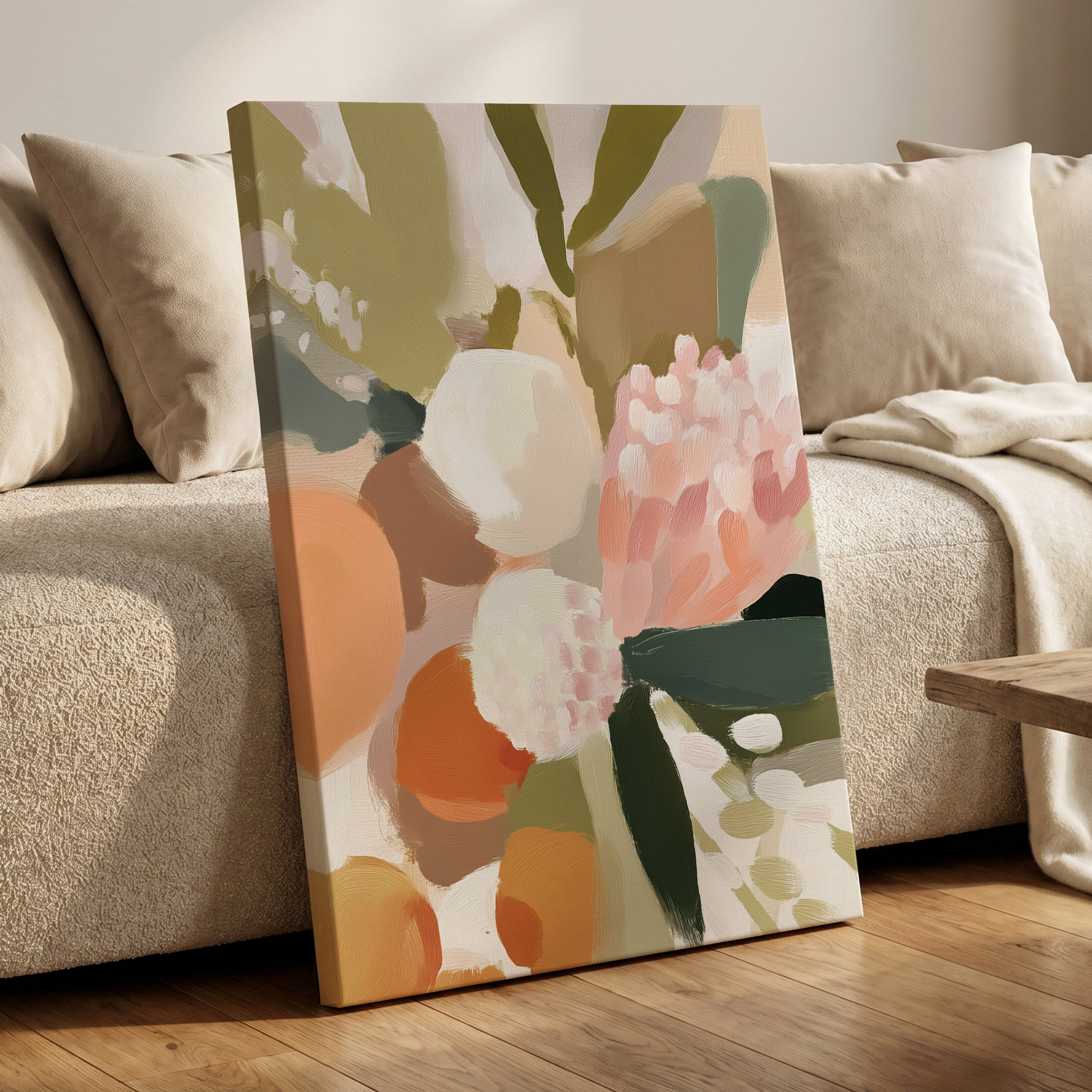 Coral Thicket, green, beige, pink floral wall art displayed in a styled interior, gallery view 7