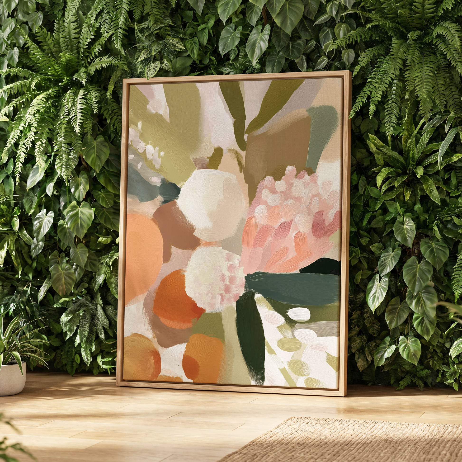 Coral Thicket, green, beige, pink floral wall art displayed in a styled interior, gallery view 8