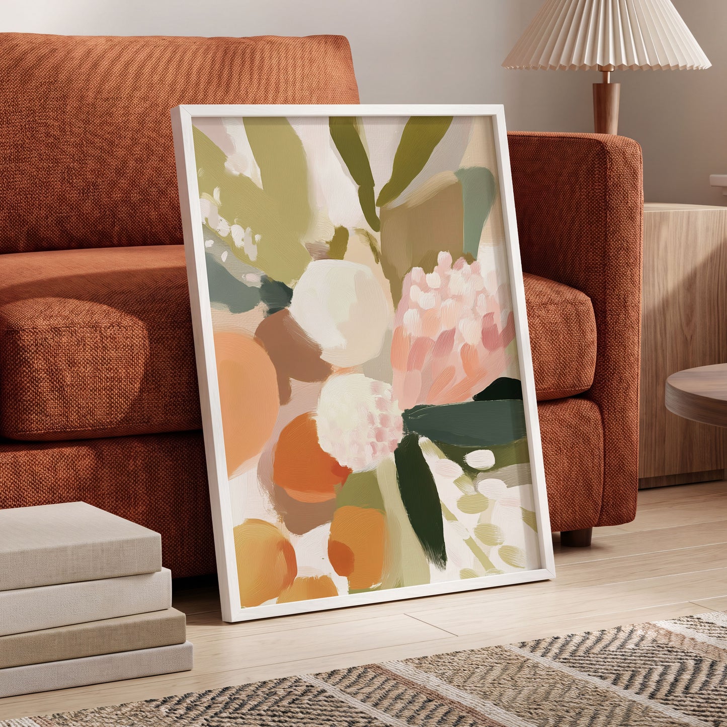 Coral Thicket, green, beige, pink floral wall art displayed in a styled interior, gallery view 9