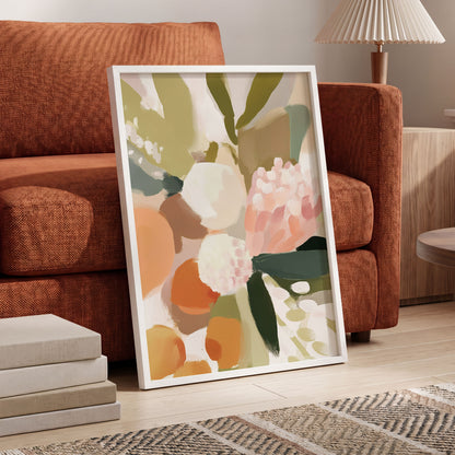 Coral Thicket, green, beige, pink floral wall art displayed in a styled interior, gallery view 9