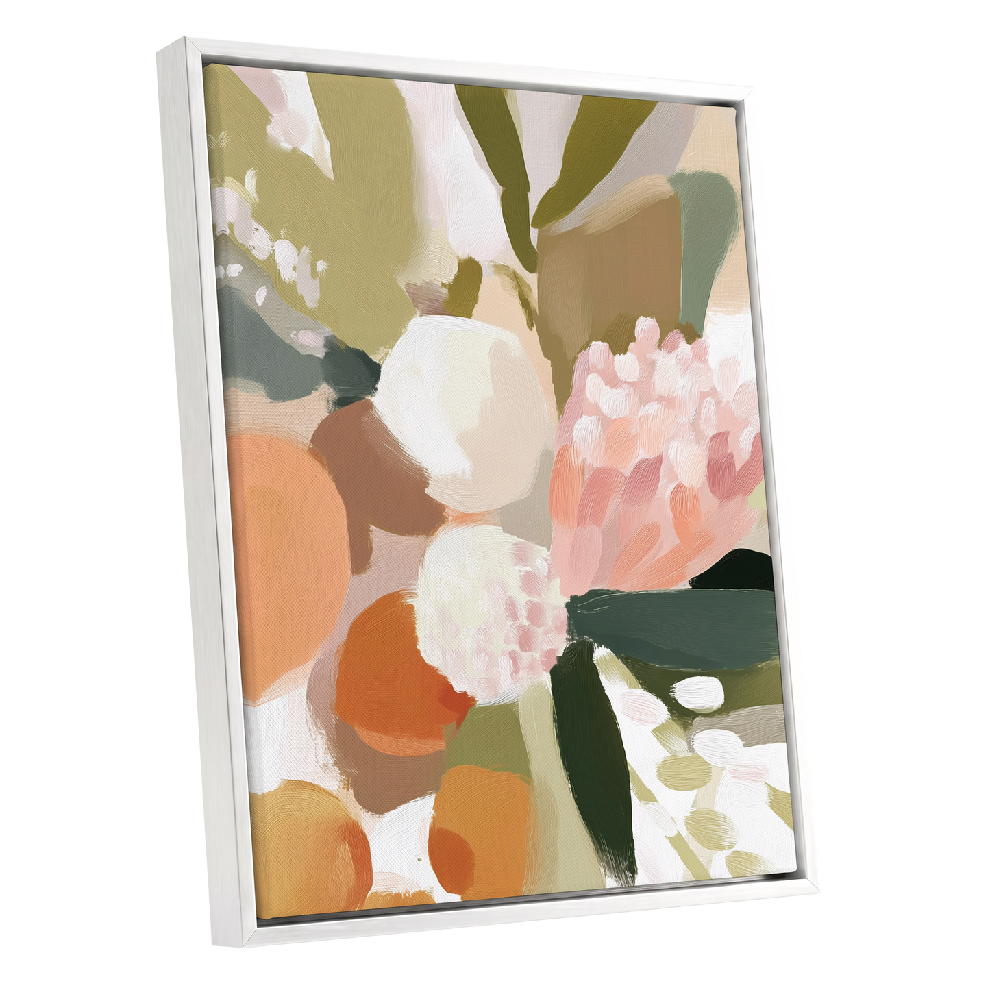 Coral Thicket, green, beige, pink floral wall art shown as a white framed canvas wall art