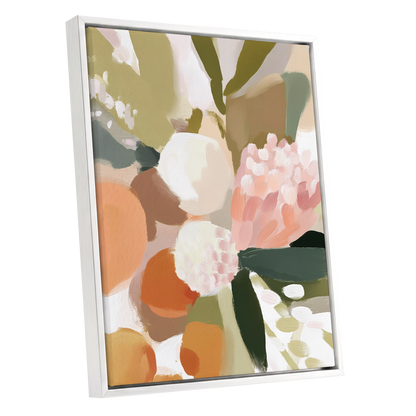 Coral Thicket, green, beige, pink floral wall art shown as a white framed canvas wall art