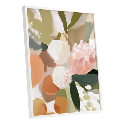 Coral Thicket, green, beige, pink floral wall art shown as a white framed poster wall art print